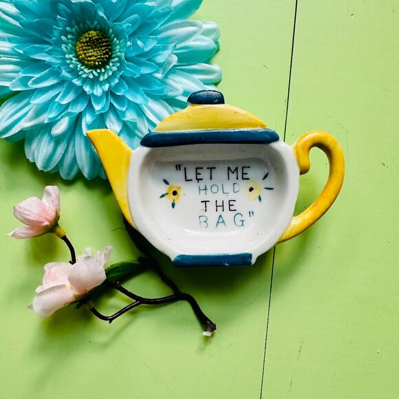 Vintage Tea Bag Rest Ceramic Teapot Tea Rest "Let Me Hold the Bag" Yellow Blue - Picture 2 of 5